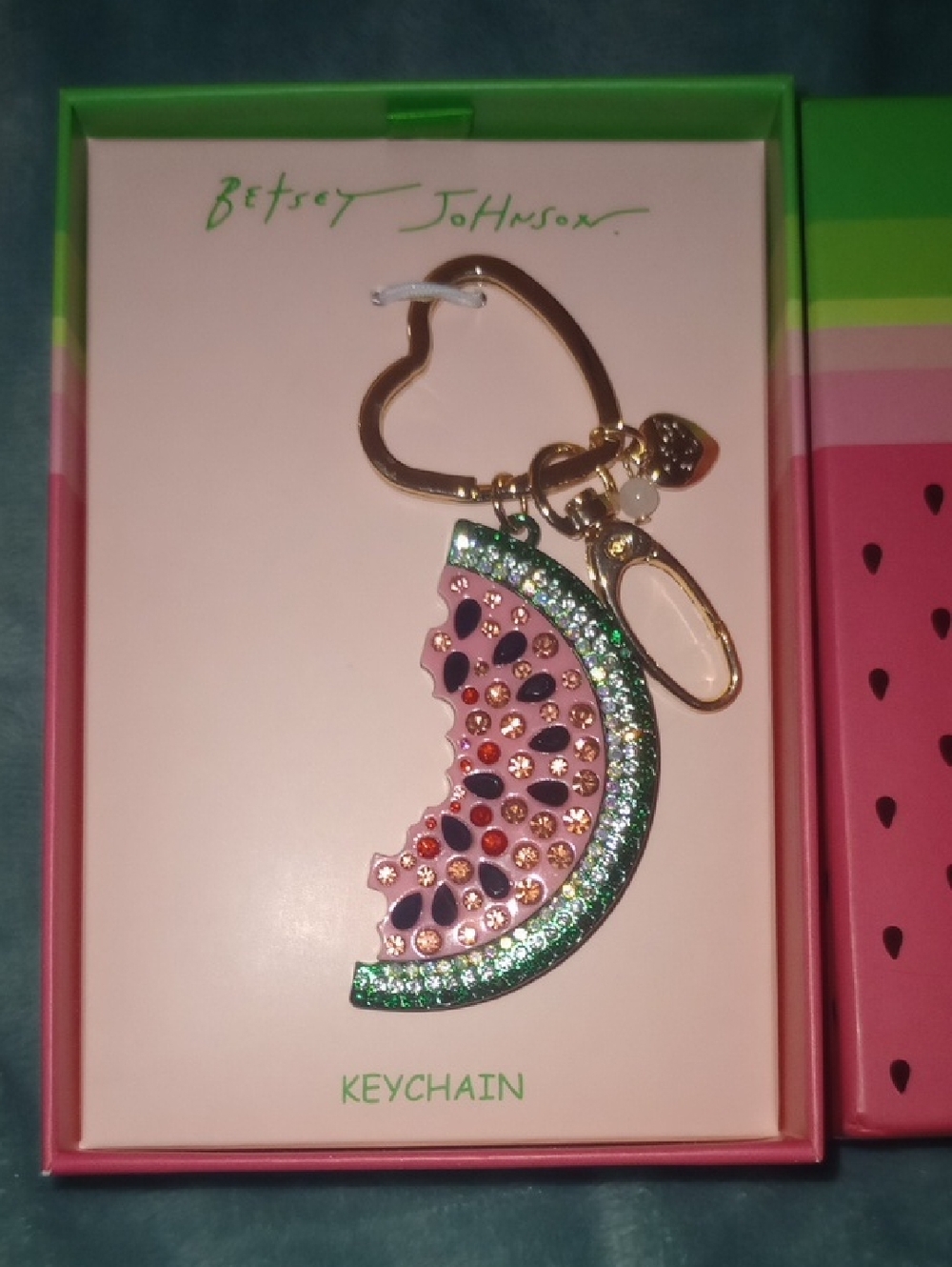 Betsey Johnson Pink and Green Jeweled Watermelon Slice Keychain